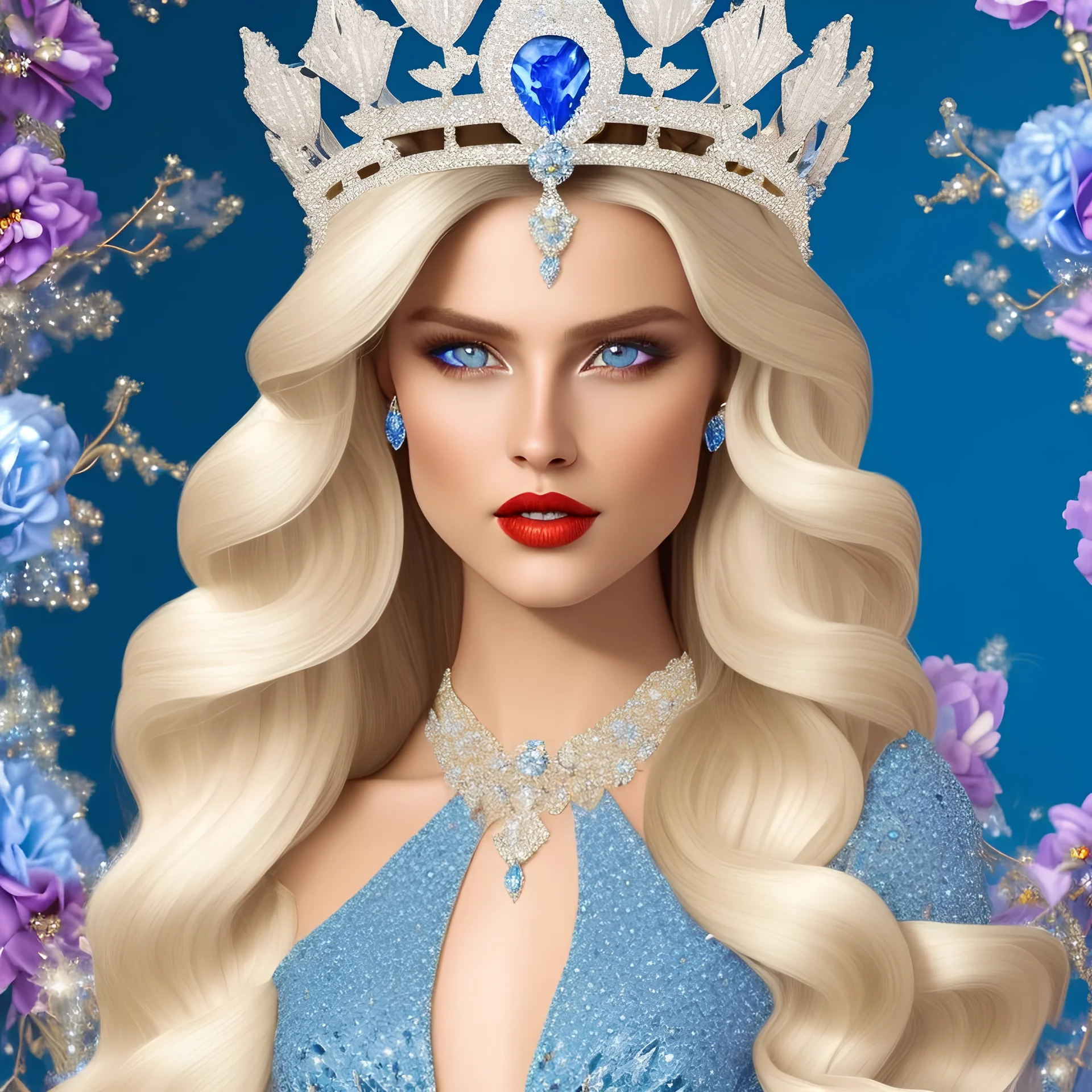 Handsome Smiling crystalized princess, majestic very long blond white hair, flowers and diamond crown, blue eyes, glitter pink lips, blush and eyelashes, blue and turquese jewels, flower glitter dress, flowers in background, full of details, extremely sharp detail, finely tuned detail, ultra high definition, 8 k, ultra sharp focus