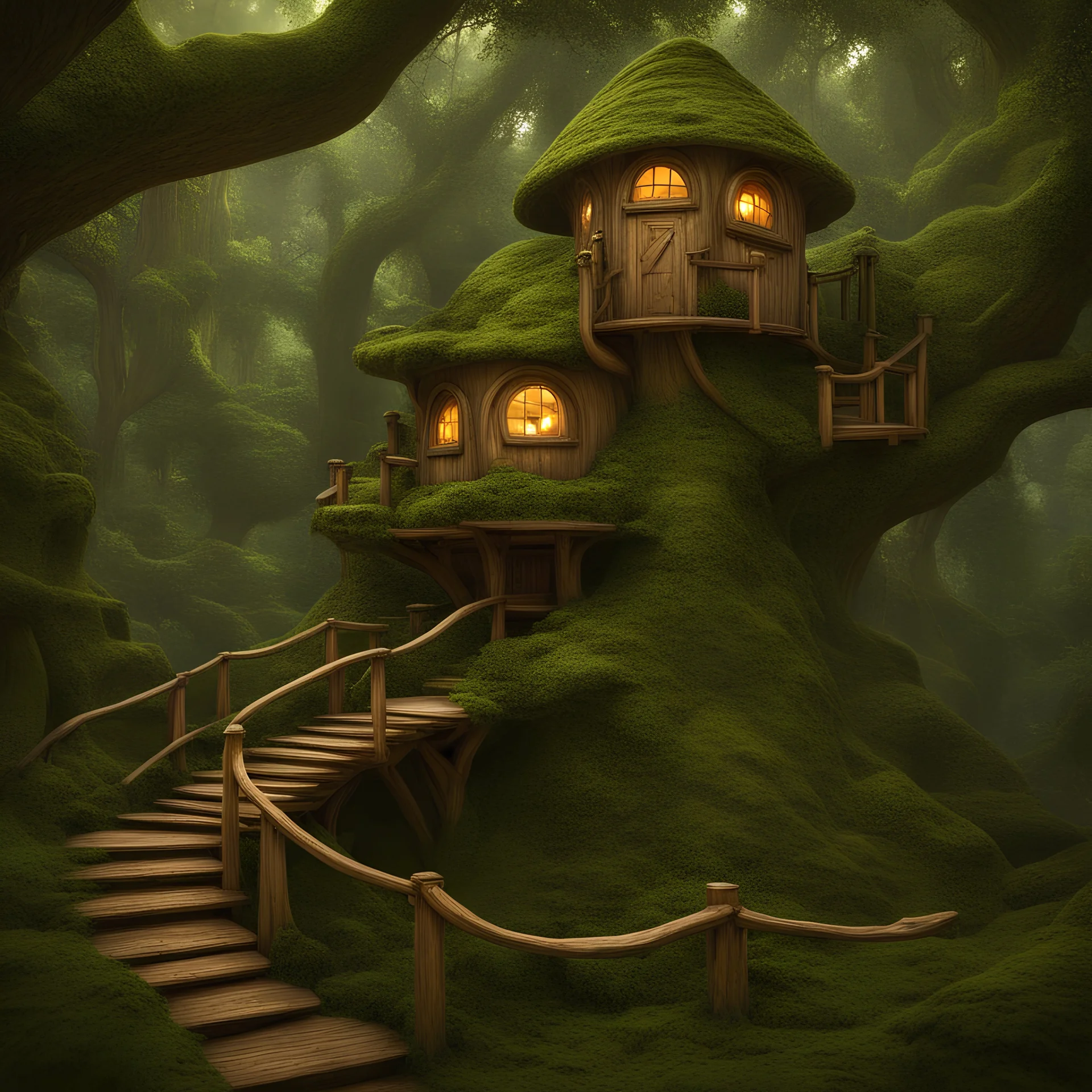 A whimsical, fantastical treehouse-like structure with large, expressive eyes and a friendly, cartoonish face, nestled in a lush, verdant forest landscape with winding pathways, mossy rocks, and abundant greenery. The architectural details evoke an enchanting, fairy tale-like atmosphere, blending seamlessly with the natural surroundings.