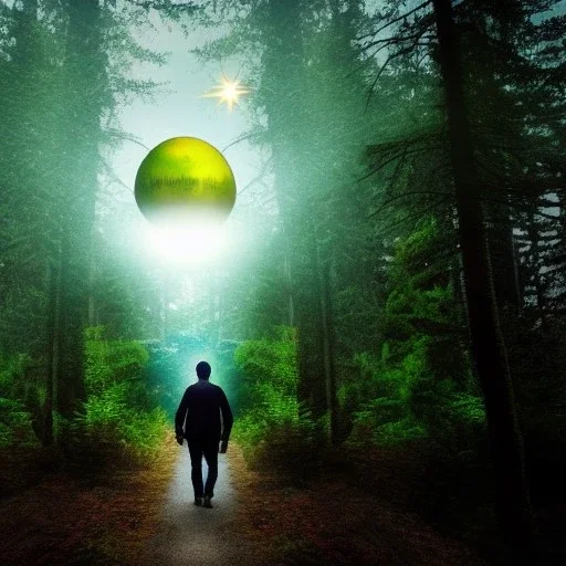 A person walking in the forest, with a UFO in the sky watching over him