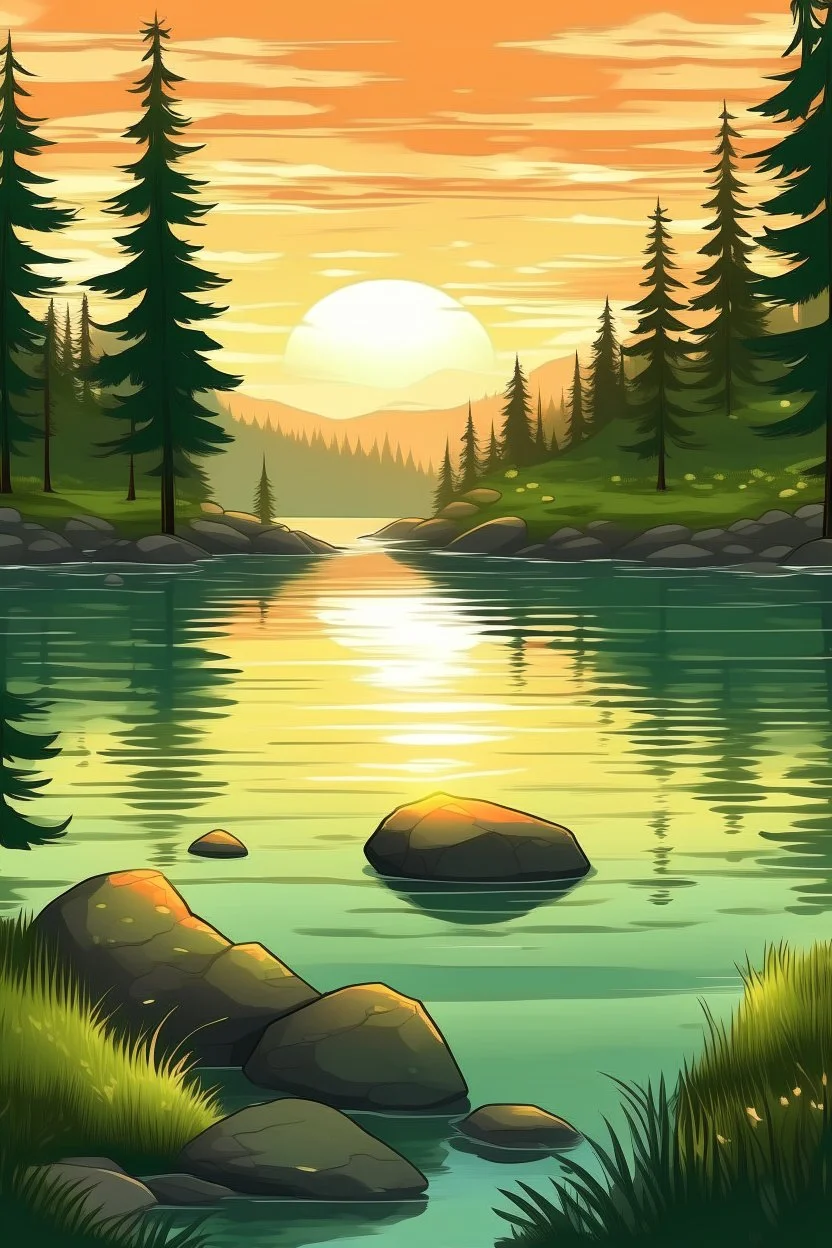 Draw me a lake with a spruce forest with mossy stones and sunset in the background
