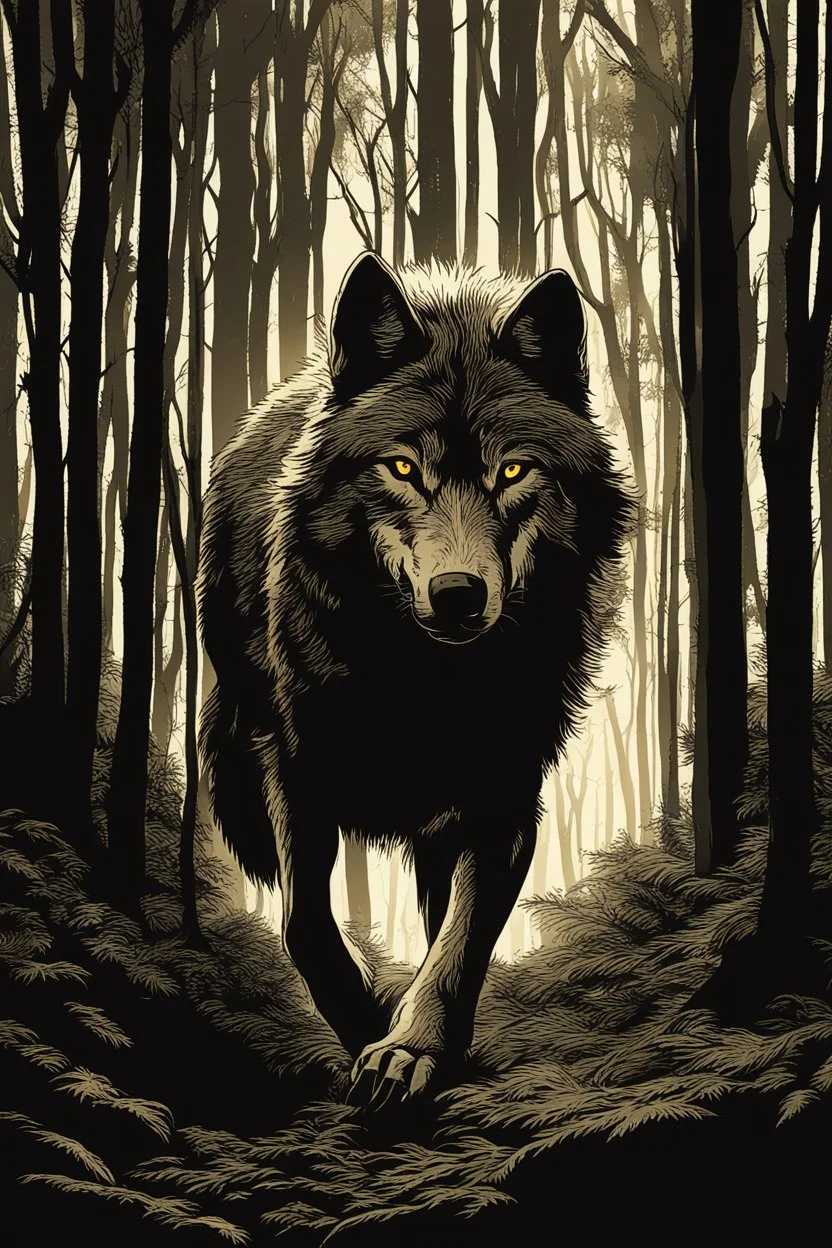 Wolf lurking through a forest. dynamic light, illustration