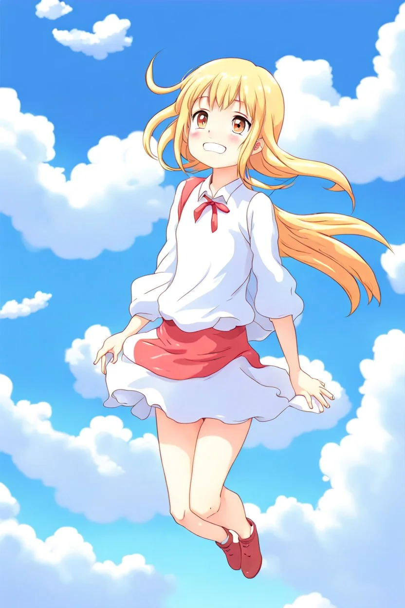 Girl falls from the sky among the clouds. Anime style