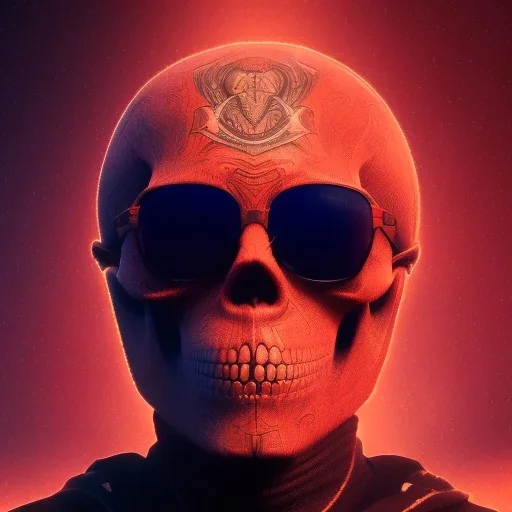 Midjourney style of detailed and intricate skull wearing red sunglasses| wearing cosmonaut suit| portrait and science fiction theme| aurora lighting| nebula and stars| stunning environment| volumetric lighting| vibrant