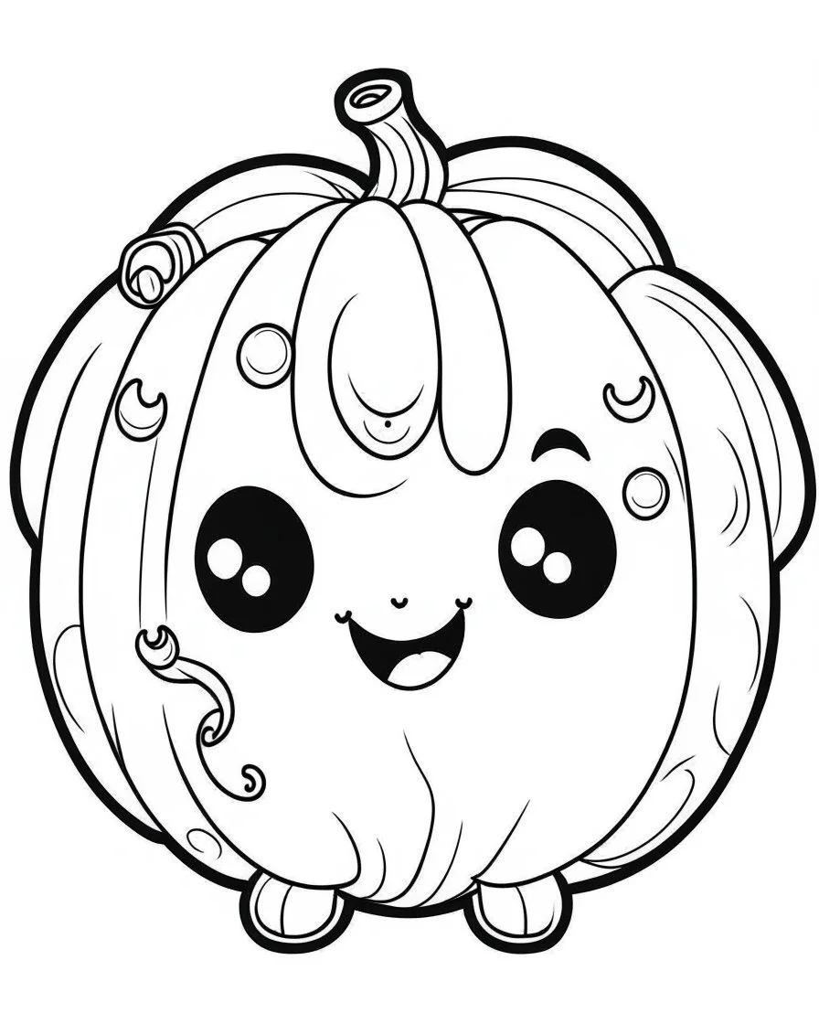 outline art for halloween coloring pages for kids with cartoon cute happy pumpkin , white background, Sketch style, full body, only use outline, clean line art, white background, no shadows and clear and well outlined, coloring page for kids, kawaii style