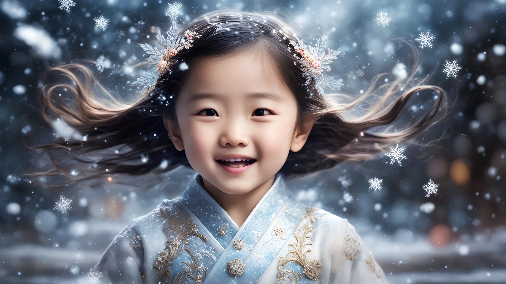 Magical Fantastic young happy Chinese female child, Liquid Structure, Flying snowflakes, excitement, Splash, Portrait Photography, Fantasy Background, Intricate Patterns, Ultra Detailed, Luminous, Radiance, Ultra Realism, Complex Details, Intricate Details, 16k, HDR, High Quality, Trending On Artstation, Sharp Focus, Studio Photo, Intricate Details, Highly Detailed