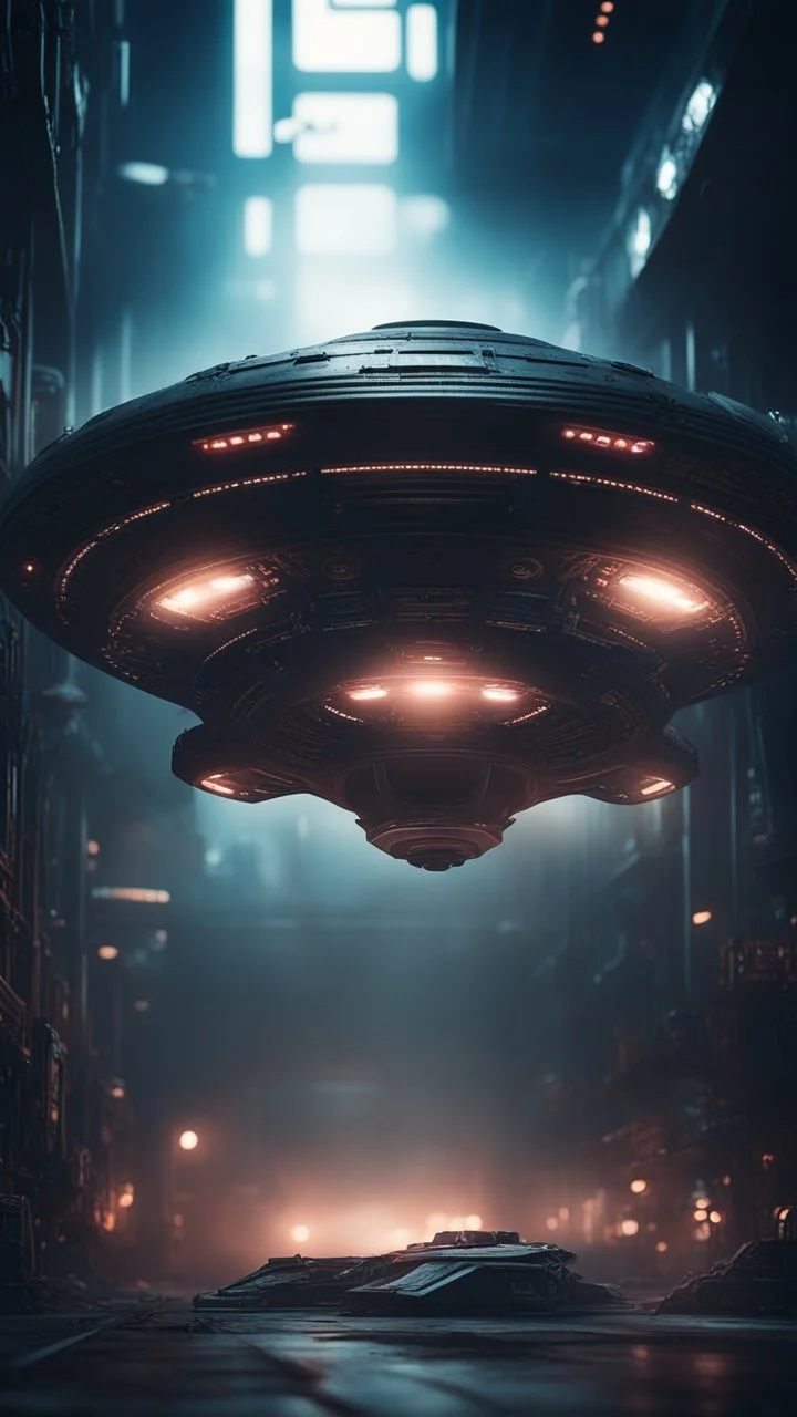 Shi Fi, ufo starship,,atmospheric lighting effects, intricate industrial details, moody atmosphere, eerie grimdark ambiance, complex motherboard accents, speculative fiction art. Bokeh