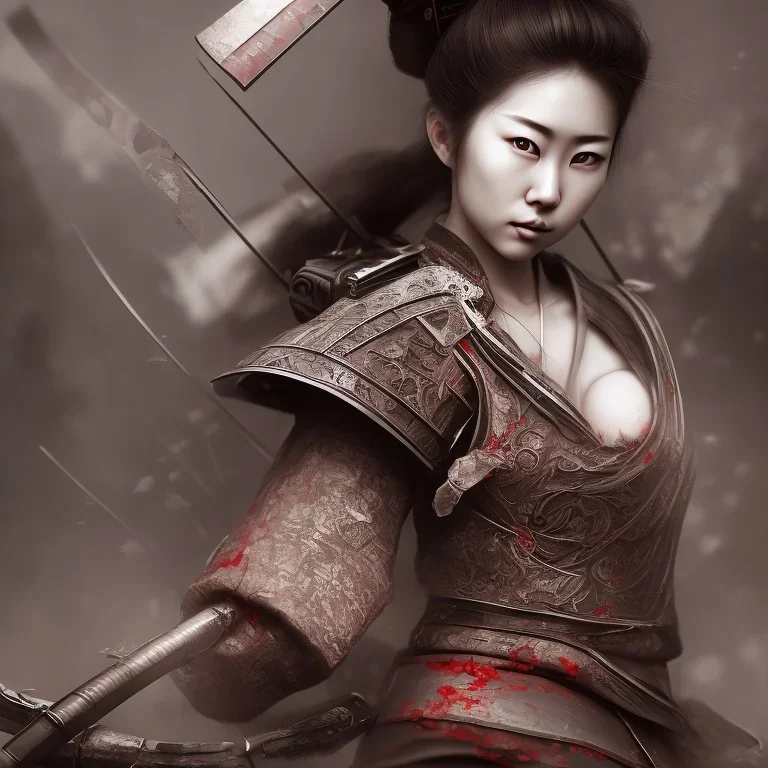 full portrait of wonderful japanese woman samurai blood,big breasts with torn clothes , high detail, volumetric lighting, tiny features, intricate detail,volumetric clouds