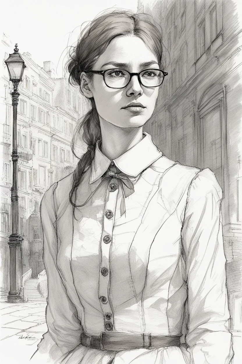 A Female Time Traveler In Victorian London, A quick pencil sketch of a portrait of a 20 years old woman with geeky prescription glasses; by Alex Maleev