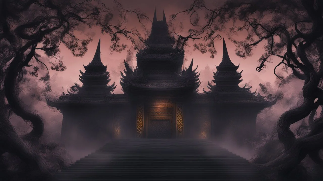 A digital painting with intricate patterns and textures depicting smoke climbing a temple of dark vines, where shadows dance in the moonlight