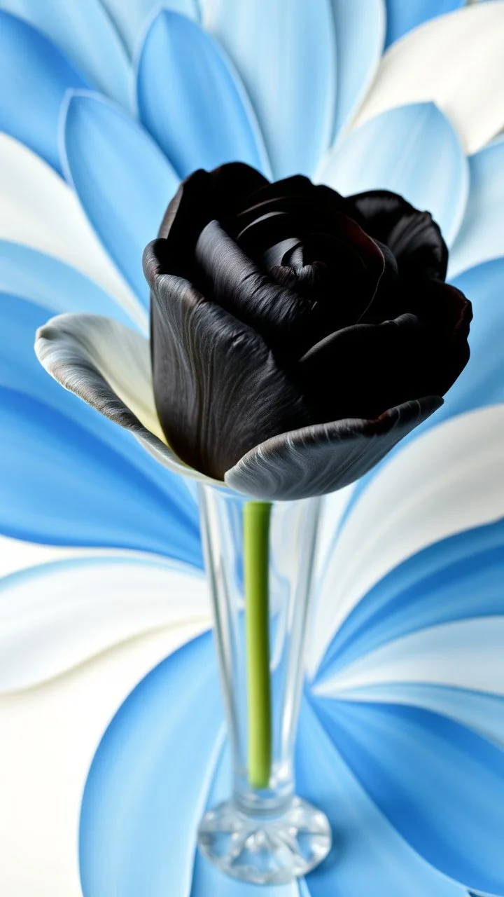 Black Rose in a long nice crystal vase, The background should be composed of blue petals that gradually transition to a creamy butter-colored center, with the petal tips delicately tinted in a noble, pale blue. The transitions between colors should be seamless and smooth, with no sharp edges, giving the petals an ethereal, veil-like, silky appearance. Focus on capturing the soft texture and gentle flow of the tulip petals, creating a dreamy and elega