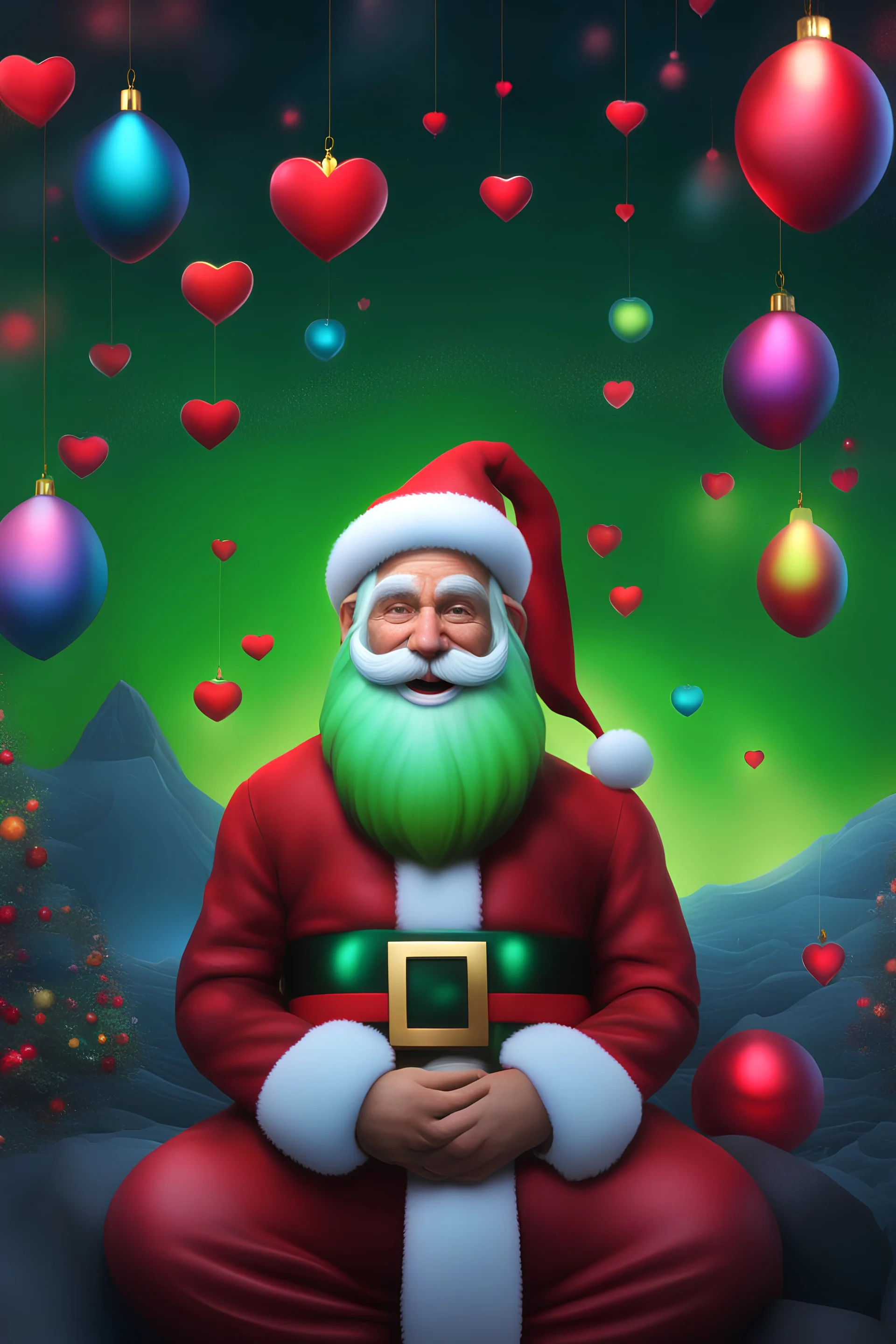 Christmas Themed -- Multicolored 3D Bubbles, multicolored, Floating 3D hearts with an electrical current, fog, clouds, somber, ghostly mountain peaks, a flowing river of volcanic Lava, fireflies, a close-up, portrait of an Green Alien Santa Claus, smiling a big bright happy smile, wearing a red leather jacket, red leather pants, black boots, red baseball cap with the words MERRY CHRISTMAS on it, Ray-Ban Wayfarer sunglasses, in the art style of Boris Vallejo