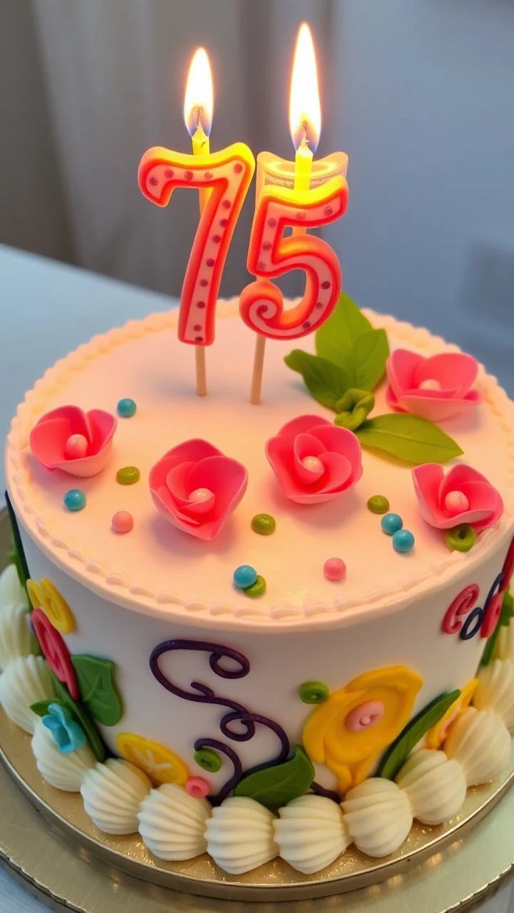 A beautiful birthday cake with a lot of decoration with a “75” candela