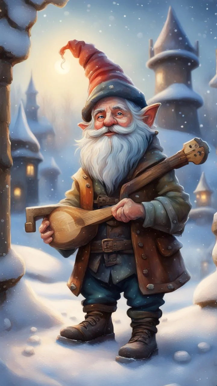 postcard portrait of bard gnome with old boots, hammer and lute in the snow garden holding a tower fortification, magazine cover illustration with oil paint and spray paint, signed, bokeh like, down-light, unreal engine, prize winning