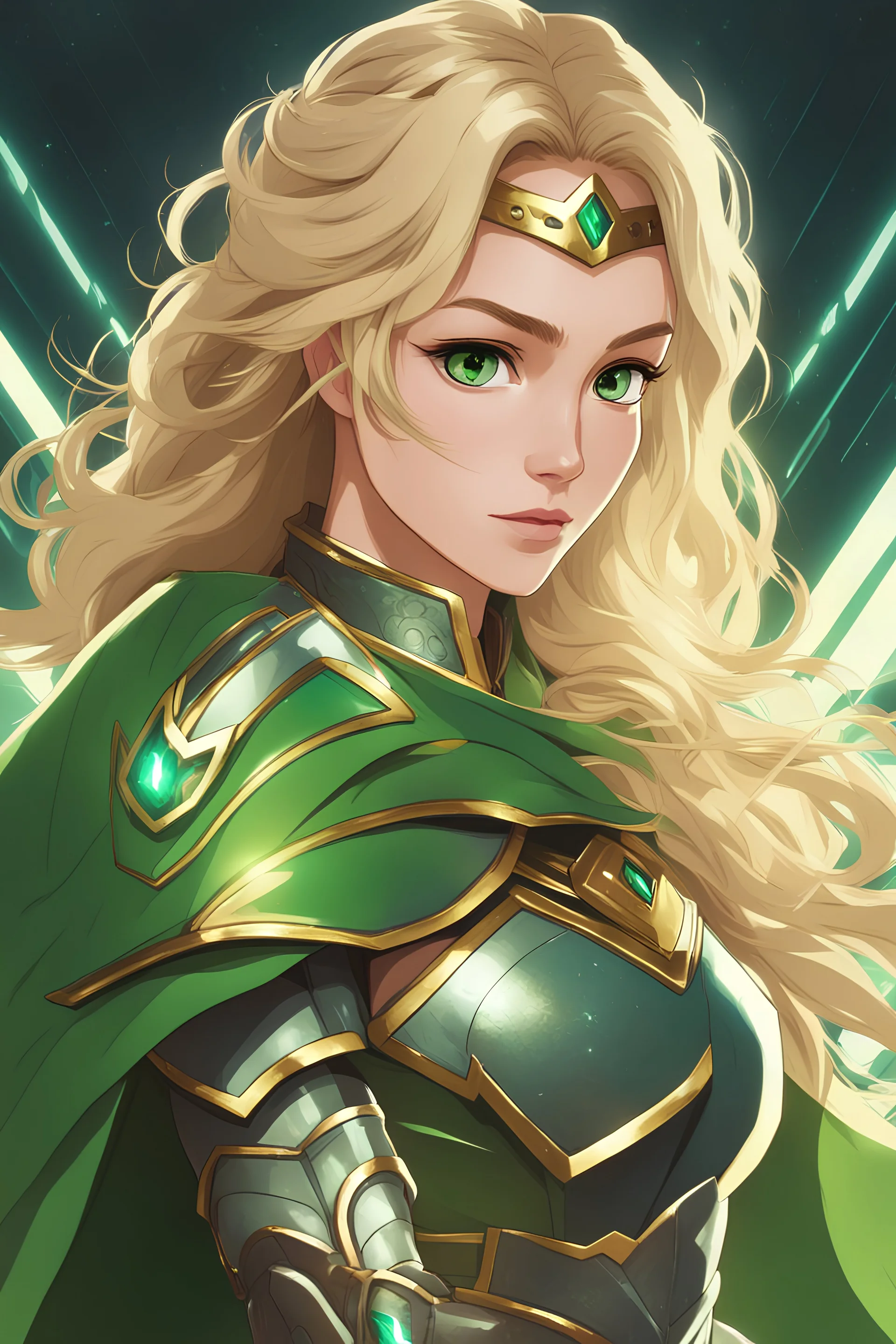 Young Woman with long blonde hair, vivid green eyes, wearing gilded Greek armor, light green cape, futuristic Coliseum background, RWBY animation style