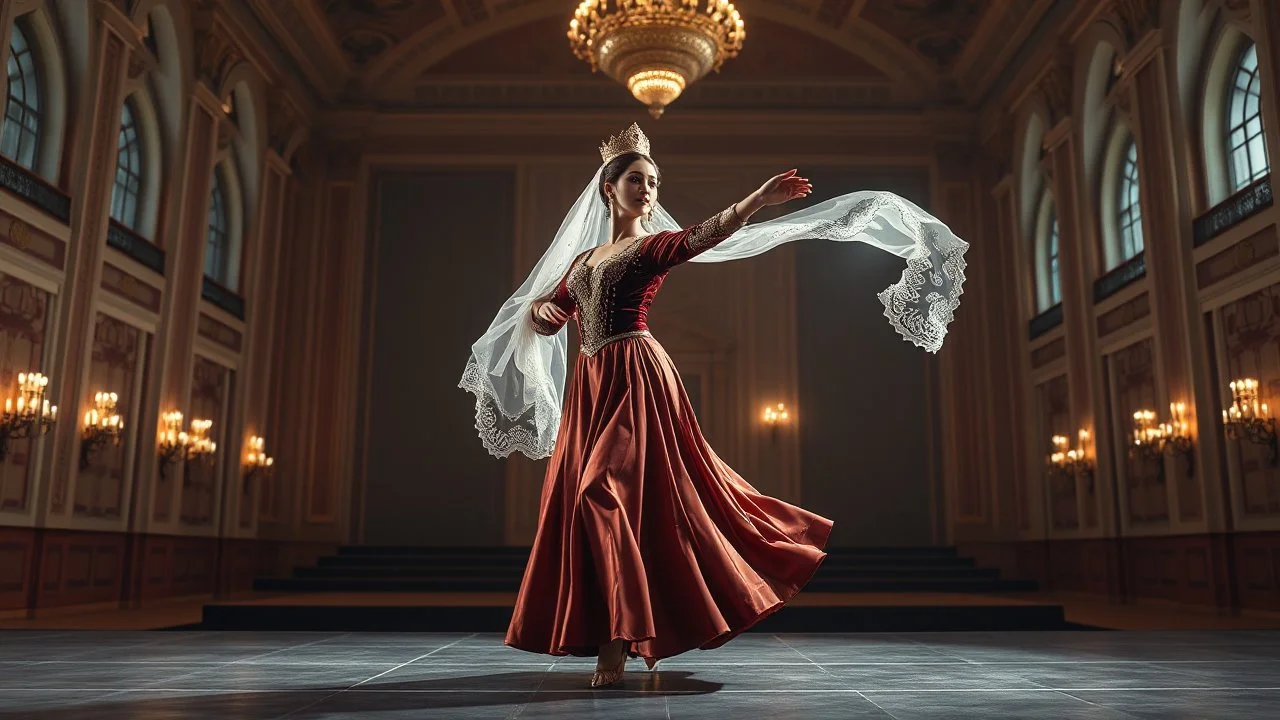 A full-body cinematic photograph of a graceful Azerbaijani woman performing a traditional national dance. She wears an intricately embroidered velvet bodice and a flowing long silk skirt. On her head is a small ornate traditional crown with a long, translucent white lace veil flowing elegantly behind her. She stands in a poised, elegant dance pose on a sleek modern performance stage with dramatic professional spotlighting. The stage is set inside a massive opulent royal hall with high ceilings,