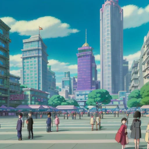 A group of people gather in a futuristic plaza, surrounded by towering skyscrapers and holographic advertisements. The plaza is filled with blue and purple light, and flying vehicles can be seen in the background.