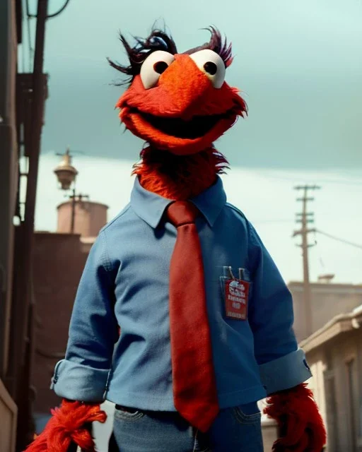 hybrid character, Elmo muppet head, realistic man body, human arms and hands, Shirt and tie, concept art, smooth, unreal engine 5, god lights, ray tracing, RTX, lumen lighting, ultra detail, volumetric lighting, 3d, finely drawn, high definition, 4k.