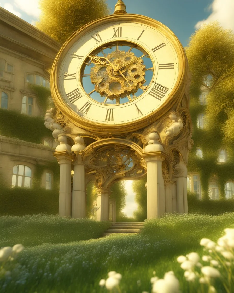 Create a 3d fractal base huge clock on a beautiful tower in a modern town with country houses and green field flowers , with see throgh golden gears rotating , showcasing a harmonious and synchronized movement. fast time passing in a beautiful nature environment