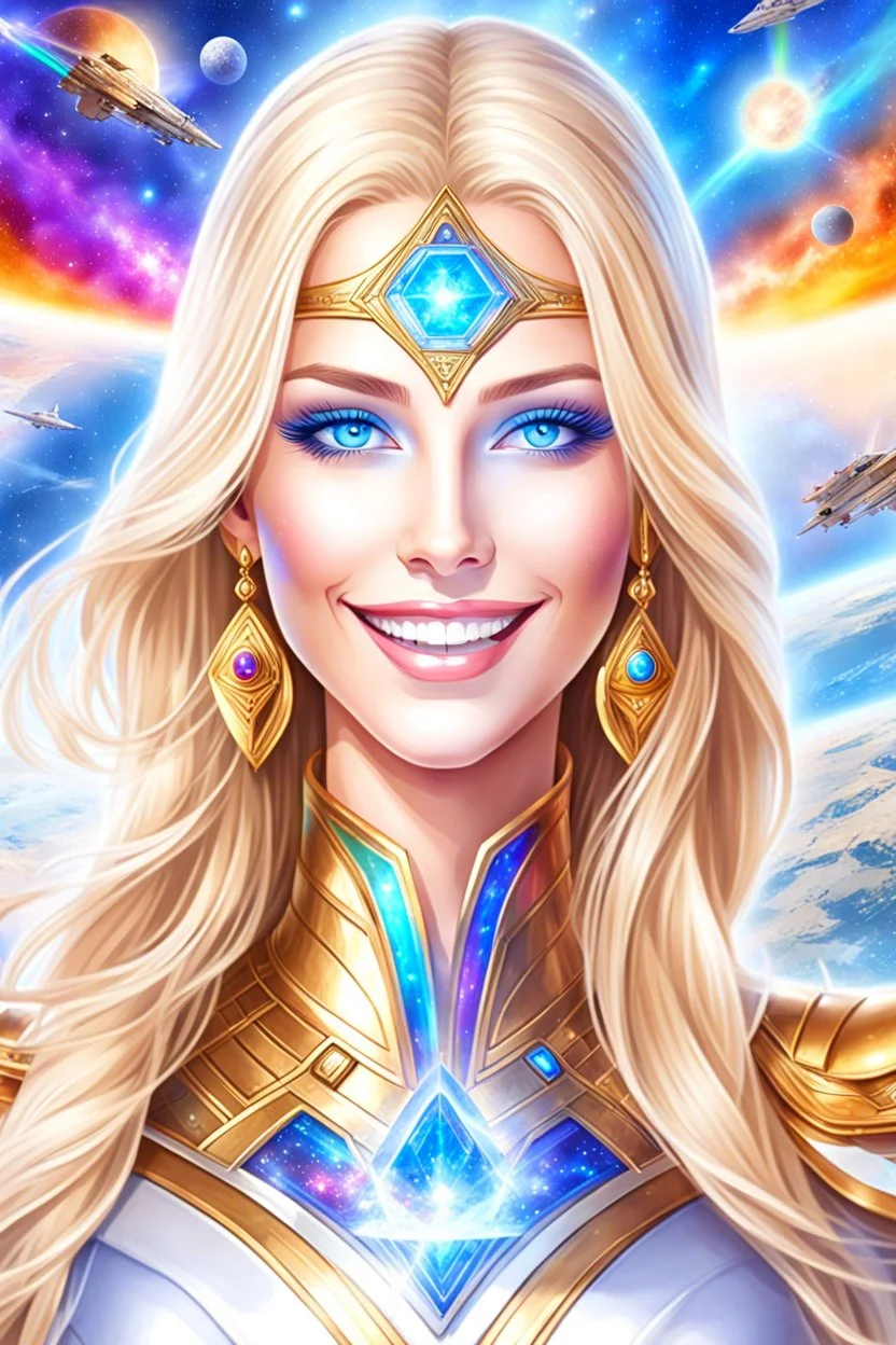 cosmic woman smile, admiral from the future, one fine whole face, crystalline skin, expressive blue eyes,rainbow, smiling lips, very nice smile, costume pleiadian, Beautiful tall woman pleiadian Galactic commander, ship, perfect datailed golden galactic suit, high rank, long blond hair, hand whit five perfect detailed finger, amazing big blue eyes, smilling mouth, high drfinition lips, cosmic happiness, bright colors, blue, pink, gold, jewels, realist, high commander