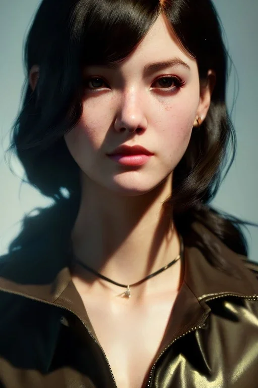 young female post-apocalyptic survivor, flannel jacket, shoulder-length hairstyle, black lace choker, dark eyeshadow, black eyeliner, high arch angular eyebrows, head and shoulders portrait, 8k resolution concept art portrait by Greg Rutkowski, Artgerm, WLOP, Alphonse Mucha dynamic lighting, hyperdetailed, intricately detailed, Splash art trending on Artstation
