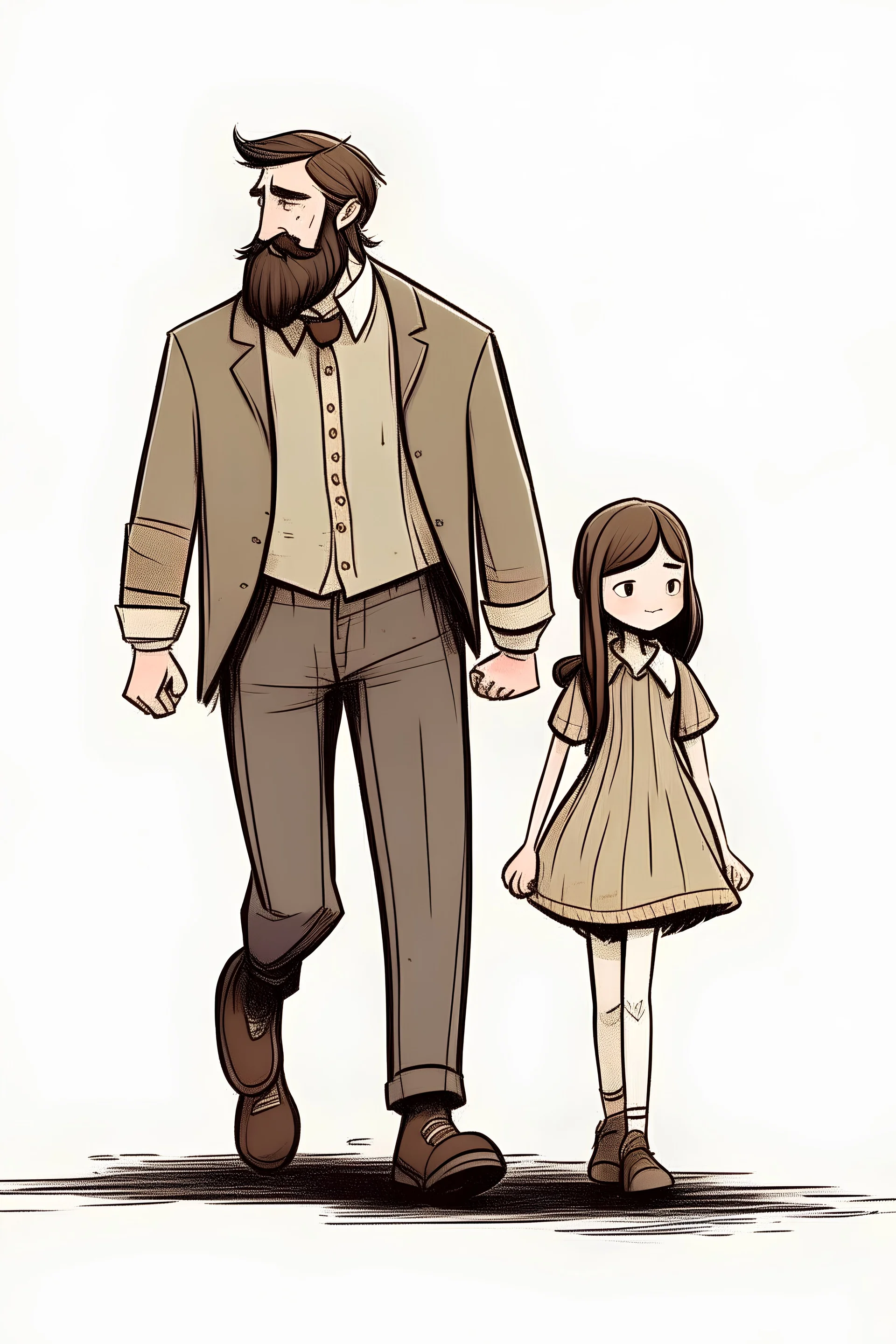 A tall man, like a giant, with a handsome face and a thin beard and mustache, was dragging a girl along