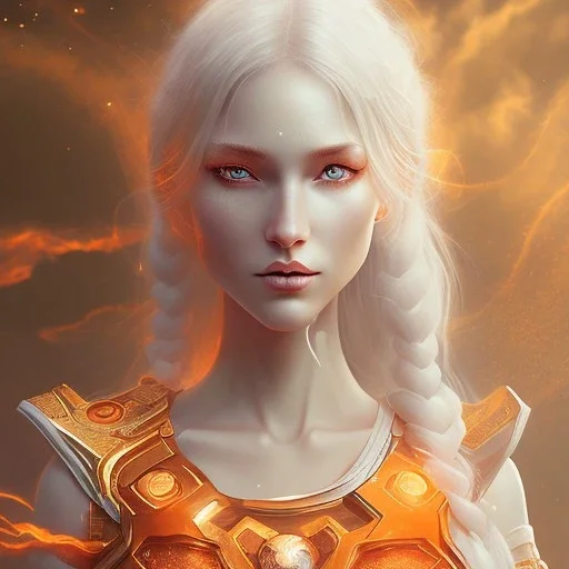 fantasy setting, woman, orange locks, white locks, more orange hair, more white hair