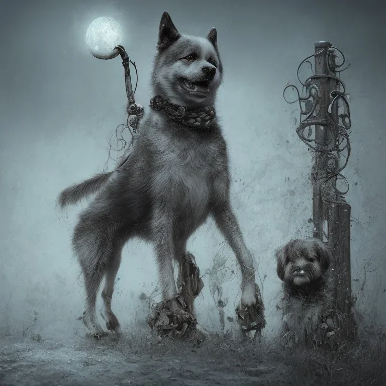 sad, abandoned, miserable dog tied to a pole with the Grim Reaper beside akita dog on lonely highway, 8k resolution, high-quality, fine-detail, iridescent, intricate, digital art, detailed matte, volumetric lighting, illustration, 3D octane render, brian froud, howard lyon, selina french, anna dittmann, annie stokes, lisa parker, greg rutowski