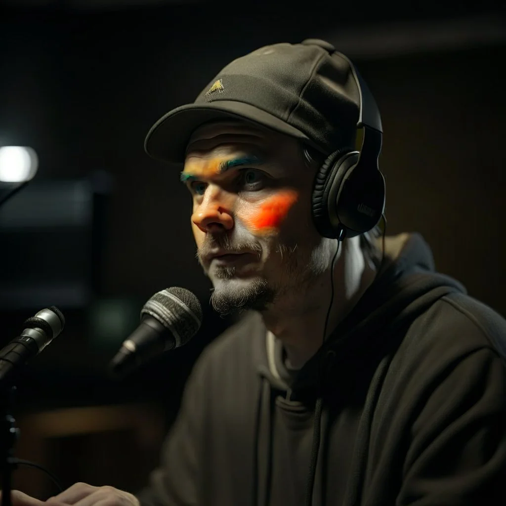 Aphalunj, norwegian rapper in silver gloden studio and with a tiny weird hat, young dark and handsome, with thick hairy eyebrows, and tiny mic, directing a debate, photo-realistic, shot on Hasselblad h6d-400c, zeiss prime lens, bokeh like f/0.8, tilt-shift lens 8k, high detail, smooth render, down-light, unreal engine, prize winning