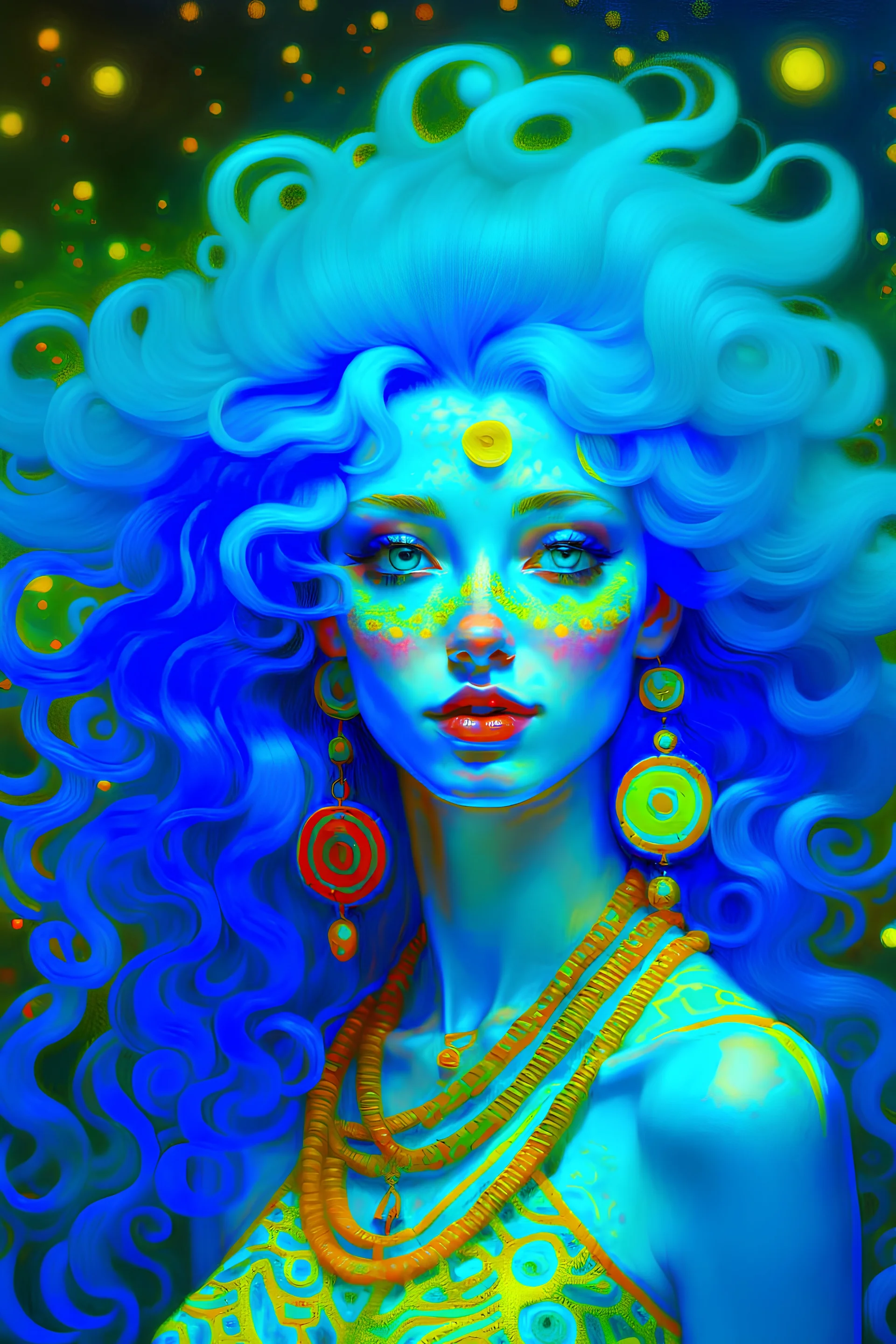 turquoise hair and infinite eyes, arrived using an internal astrolabe navigation from another dimension, she can control your mind with otherwoldly hypnotic beauty, psychadelic and uncommon colorful masterpiece by diego fernandez and Lou LL and klimt trending on