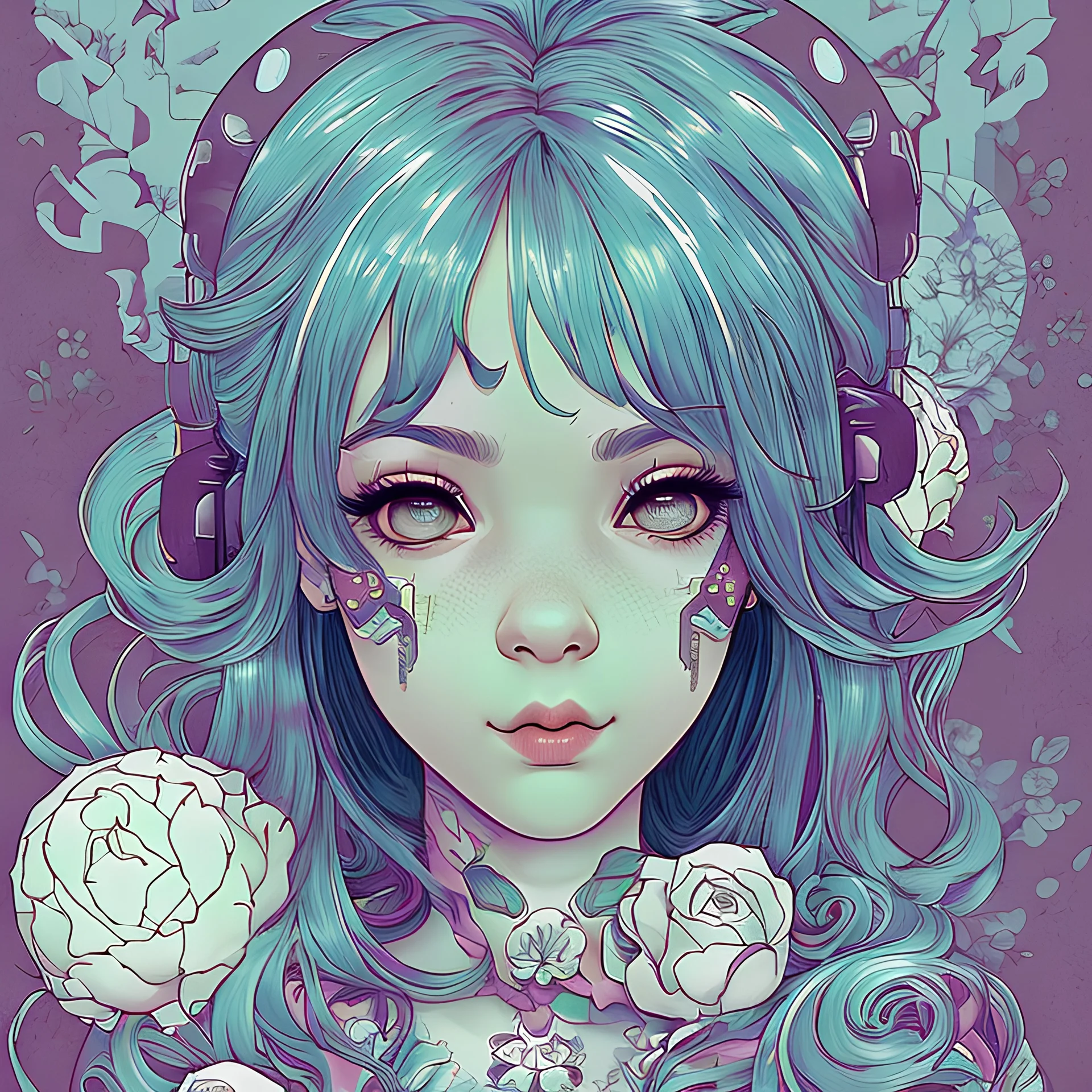 singer Melanie Martinez face, beautiful cyberpunk, hyperdetailed, illustration by Katsushika Hokusai, darkblue tones,