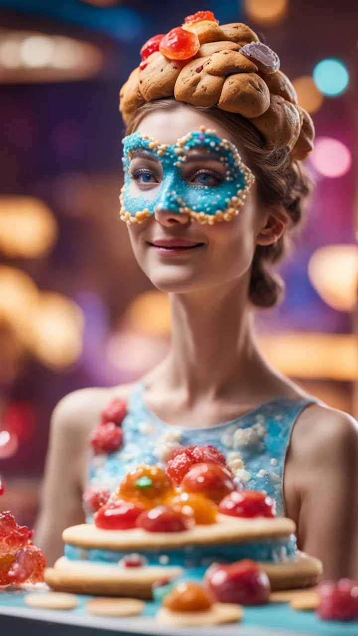 portrait of cute woman with cookie and jelly mask , baker of the highest many storied advanced art cake sculpture during a casino game show, bokeh like f/0.8, tilt-shift lens 8k, high detail, smooth render, down-light, unreal engine, prize winning