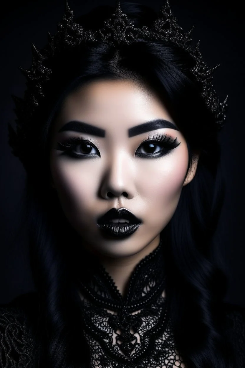 portrait of a young gorgeous fantasy asian goth woman, black makeup, black eyeline, black lipstick, fantasy style, realistic style, highly intrictae details, high quality, 8k