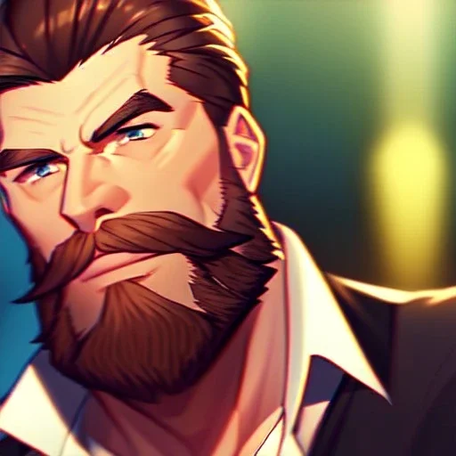 Clear focus, 8k, beautiful lighting, vibrant colors, Portrait, beard, gunslinger, serious eyes, brown hair,
