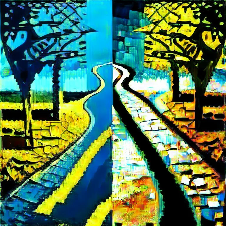 two roads diverged , art, acrilyc colors, bright,, picasso, masterpiece