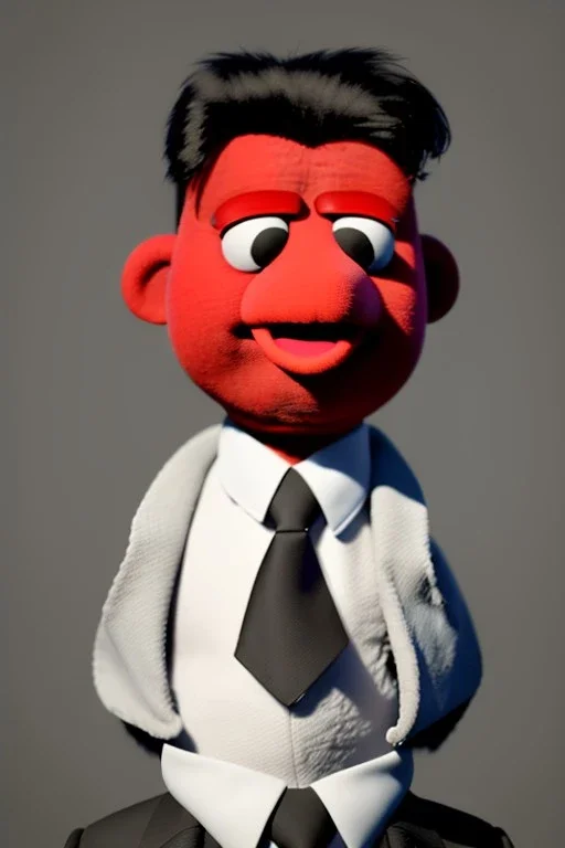 Waist up muppet Portrait, Kim Jong-un muppet doll, black suit, photo studio, red background, unreal engine 5, concept art, art station, god lights, ray tracing, RTX, lumen lighting, ultra detail, volumetric lighting, 3d.