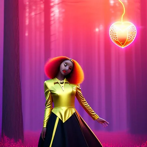 Attractive young teenage girl with golden red hair, who is dressed like a witch casting a spell holding a red heart gem, she has golden cat ears and open dazzling blue eyes, in the background there are abandoned pillars in a forest, black black girl dress, full body portrait, arm colors gradient effect into stars, rendered, unity 3d, unreal engine, dslr, hdr, 4k, edited, photorealistic, normal number of appendages, freckles, artists render