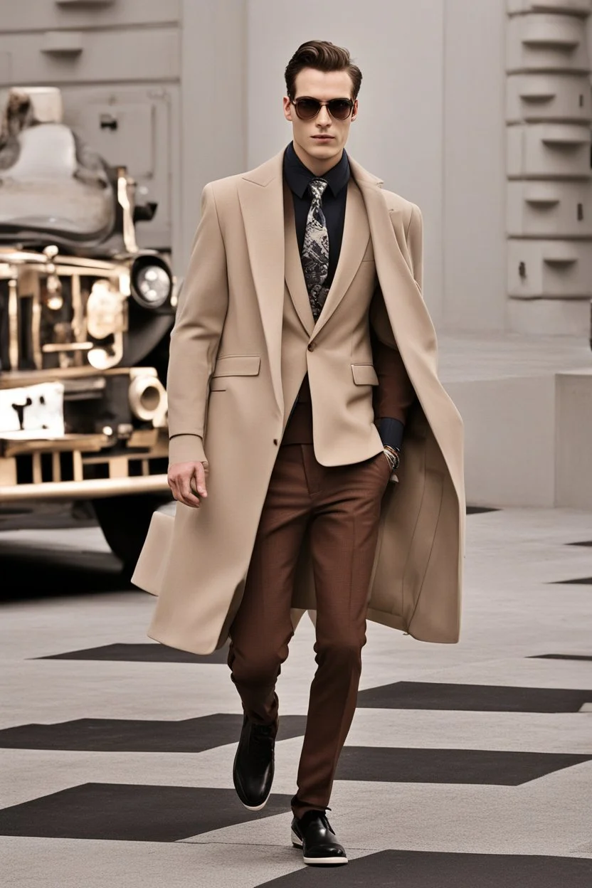 Men's DC Fashion runway Winter outfits inspired by Superman Emblem design beige tones