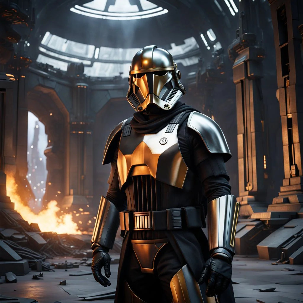 star wars bald male corellian pilot wearing pearlescent black and gunmetal grey First Order special forces heavy assault stealth commando armor and helmet with gold trim inside the jedi temple, hyperdetailed, dynamic lighting, hyperdetailed background, 8k resolution, volumetric lighting, light skin, fully symmetric details