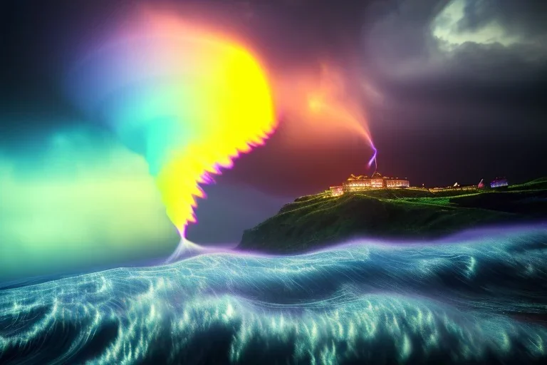 precise digital photo of a rgb random multicolour tornado made of smoke particles, over a stormy ocean, high waves colliding with the smoke, foam, intricate, 8k, extremely detailed, cgi, hyperrealistic render, volumetric lighting, impressive volumetric clouds, vitality colors, double precision