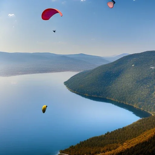 A photo of a paraglider over mountain lakes, in Bulgaria in the early morning. The sky is bright and the air is crisp.