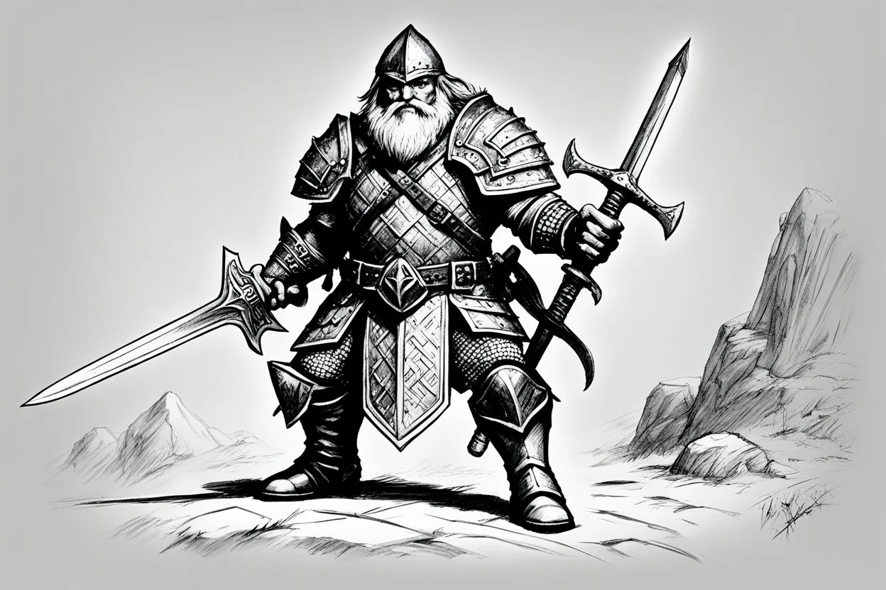 (black and white traditional pencil sketch digital drawing on paper by Ray Harryhausen) the senior AD&D dwarf ranger character class. Weapon: broad sword and long dagger, armour: preference for medium, powers: track, hide in wild, convince
