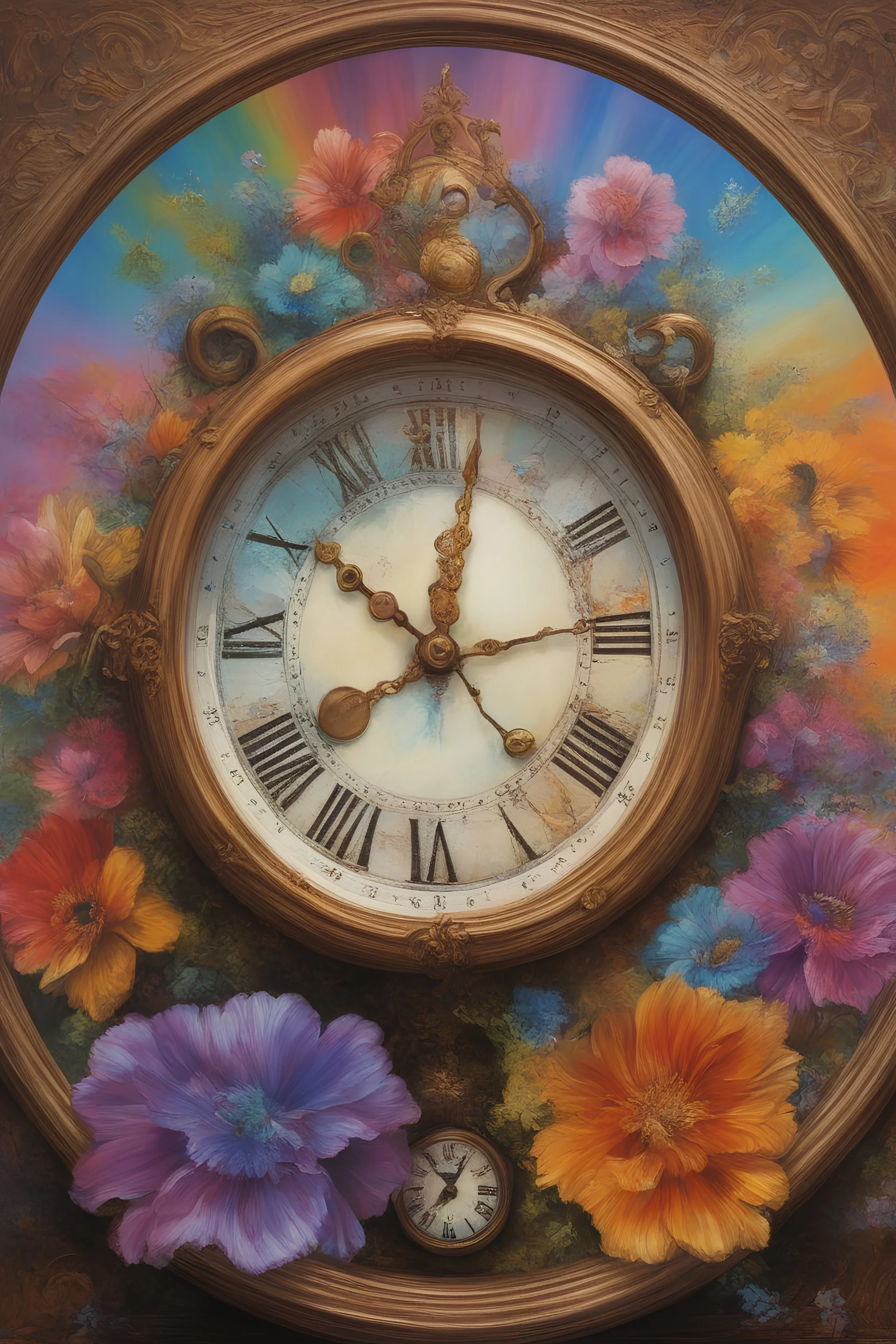 Paul Stanley/Elvis Presley/Keanu Reeves/Jon Bernthal, Hickory Dickory dock what a wonderful looking clock, multicolored, large, Floral/rainbow designs, atmospheric, beautiful, oil painting by Boris Vallejo, 4k UHD, Photorealistic, professional quality