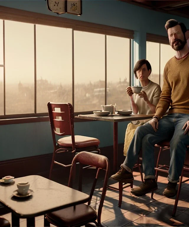 Realistic scene, American shot view, levitating man and woman sitting in cafeteria and having breakfast, 0 gravity, Wes Anderson, soft color, highly detailed, unreal engine 5, ray tracing, RTX, lumen lighting, ultra detail, volumetric lighting, 3d, finely drawn, high definition, high resolution.