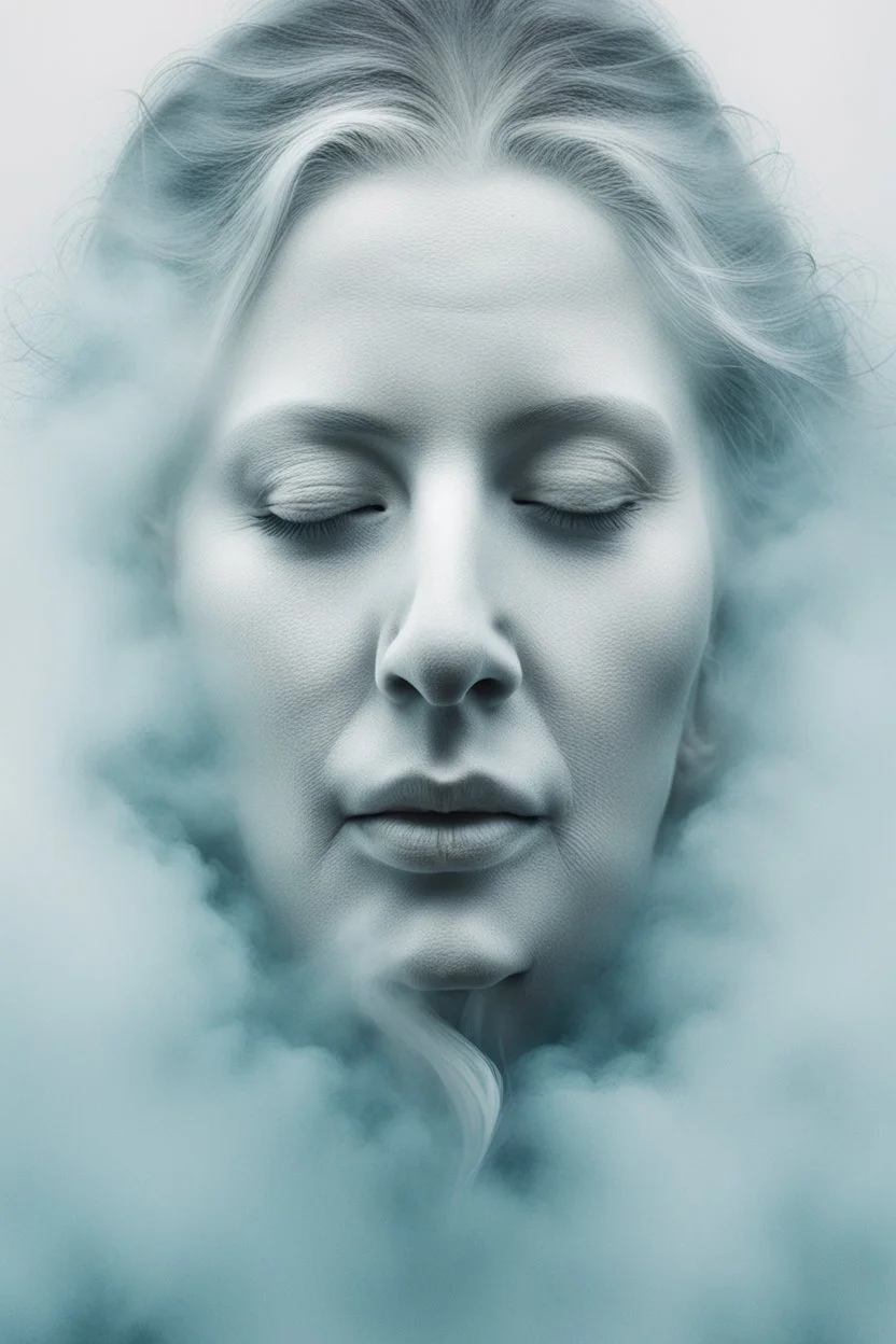 a woman's face from very thick white smoke and fog in the shape of barely visible, ghost-like face lot of white hair, many fog in background, surreal style