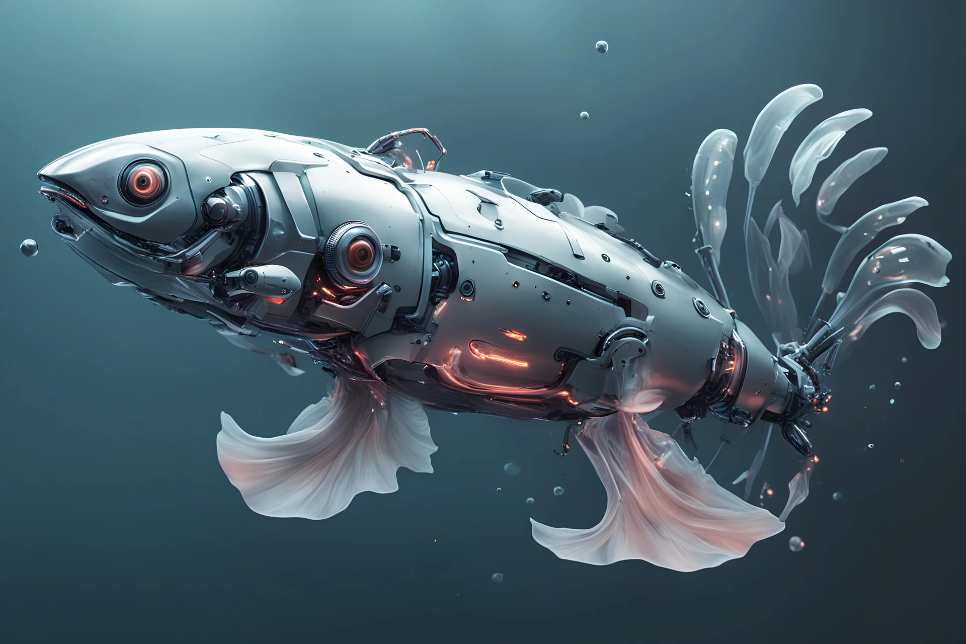 futuristic AI salmon aquatic full robot with high detail and very neat features