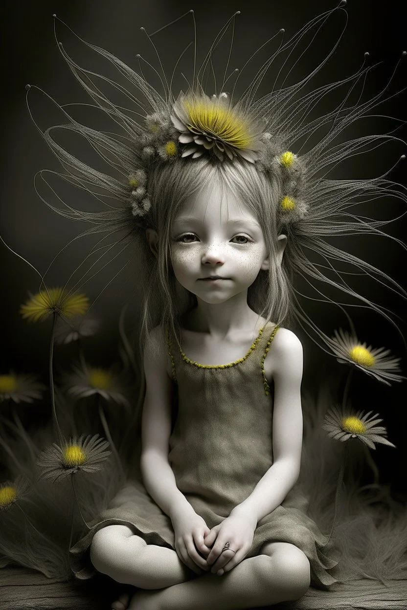 pencil and charcoal sketch of a cute happy little dandelion fairy girl, Mucha inspired emotional nature ephemeral sculptures of Andy Goldsworthy, tiny human form, essence captured as if created by surrealist photographer Noel S Osvald rendered in bright ombre colors, mixed with influences by John Bauer and Tim Burton, faded dark grey background, minimalistic art, with details that reflect advanced rendering techniques that push the drawing's realism even further Modifiers: trending on Artstation