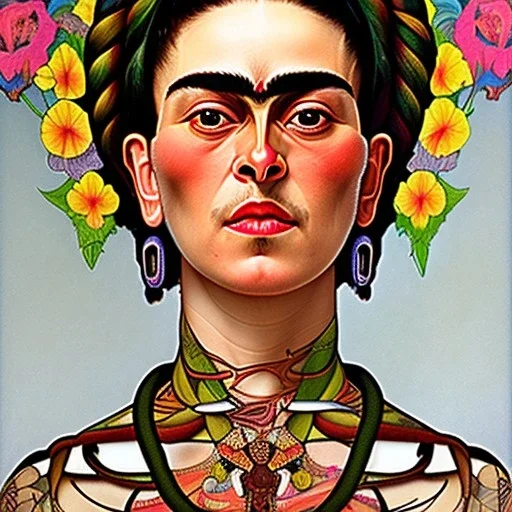 A beautiful portrait of Frida Kahlo by alphonse mucha, japanese tatoos, 4k, high details