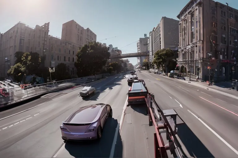 A Tesla 'Semi' (semi truck) is going at a high speed, on the streets of San Francisco. (CINEMATIC, WIDE ANGLE LENS, PHOTO REAL)