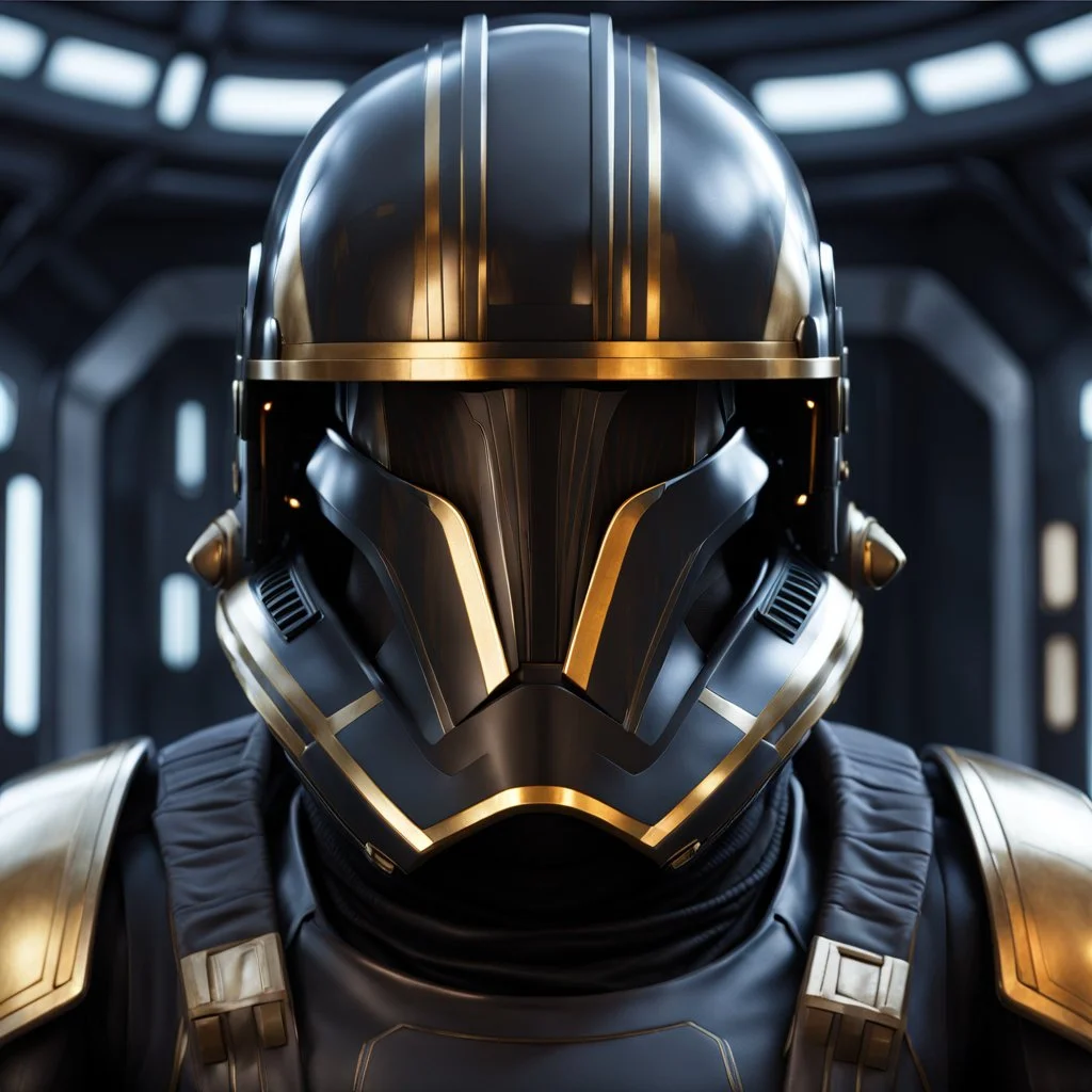 star wars bald male corellian pilot wearing pearlescent black and gunmetal grey First Order special forces heavy assault armor and helmet with gold trim inside the jedi temple, centered portrait, hyperdetailed, dynamic lighting, hyperdetailed background, 8k resolution, volumetric lighting, light skin, fully symmetric details