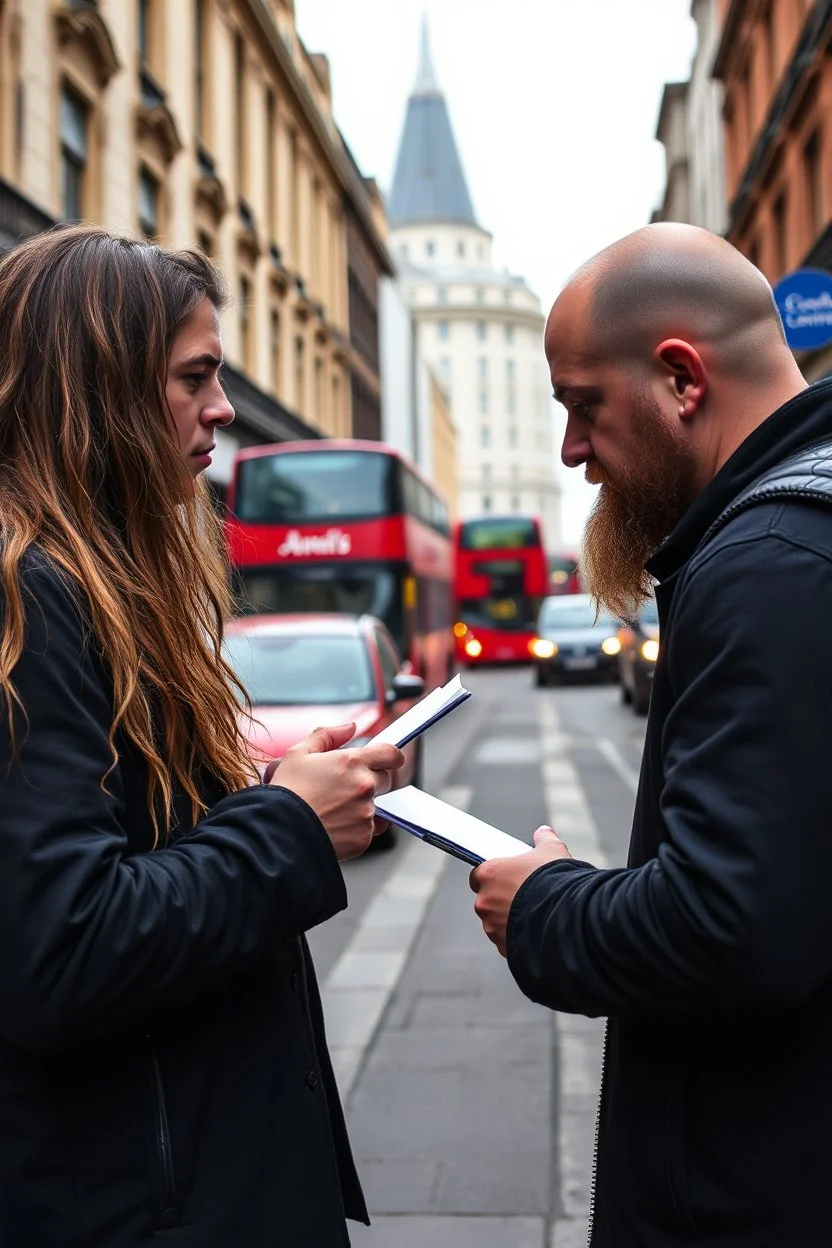 A stalker wants an autograph from a long-haired rock musician on a street in central London. The stalker is an overweight soon bald 25-year-old and looks a bit slimy, the atmosphere is oppressive and unpleasant, lot of traffic and london busses, hectic hour, a nice hotel